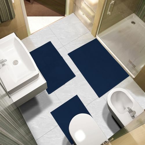 Urvoix Bathroom Rugs Sets 3 Piece, Chenille Bathroom Rug Non-Slip Bath Rug, Ultra Soft, Washable, Super Absorbent Bath Mats for Bathroom, Toilet and Tub (Dark Blue) - color: Dark Blue