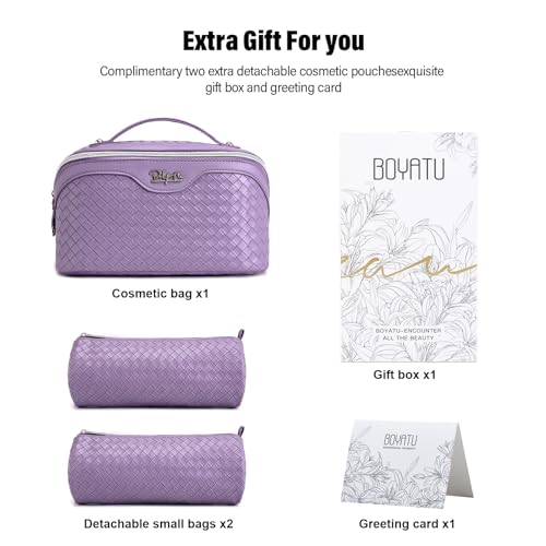 BOYATU Travel Makeup Bag Cosmetic Bags for Women: Large Capacity 3 Pcs Set Make up Bag with Compartments - Waterproof Vegan Leather Toiletry Organizer Bags with Handle (L01 Purple) - color: L01 Purple
