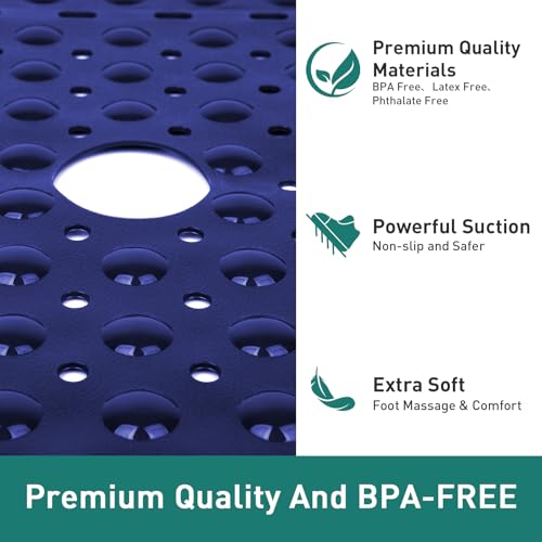 Large Square Shower Mat 27 x 27 Inch Navy Blue, Non Slip Shower Bathtub Mats for Inside Shower with Big Suction Cups Drain Holes, Anti Slip Bathroom Floor Stall Mats, Easy Clean, BPA-Free - color: Navy Blue
