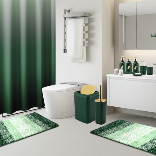 32PCS Bathroom Set Bathroom Sets with Shower Curtain and Rugs Hunter Green Bathroom Accessories,Shower Curtain Set,Bathroom Rug Set with Bathroom Trash Can - size: Bath Set+Gradient Shower Curtain+Bath Rugs, style: Dark Green