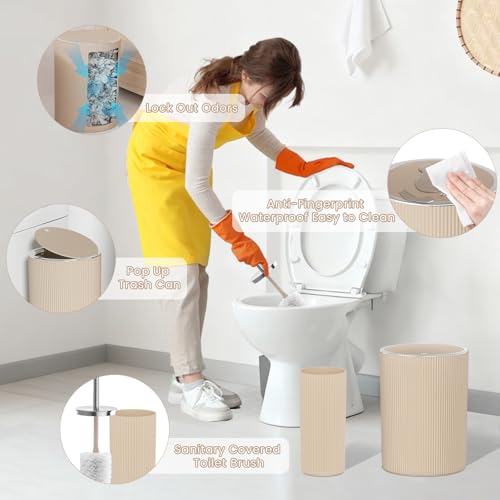 Beige Bathroom Accessories Set, 10PC Bathroom Set, Bath Accessory with Pop Up Trash Can, Soap Dispenser, Toilet Brush, Toothbrush Set Qtip Holders & Tray - color: Beige & Silver, size: 10-Piece Set (Accessories Only)