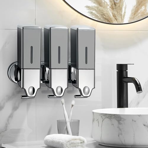No-Drill 3 Pack 500ml Wall Mounted Soap Dispenser for Bathroom and Kitchen, Shampoo and Conditioner Dispenser Drill Free with Adhesive(Square-Grey) - color: Grey-2