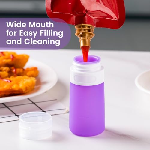 MICEBAY Condiment Squeeze Bottles for Sauces, 2-oz Mini Silicone Salad Dressing Container to Go with Snack Storage Bag, Leakproof Sauce Bottles for Lunch Box, 4 Pack, Purple - color: Purple, size: 2 OZ