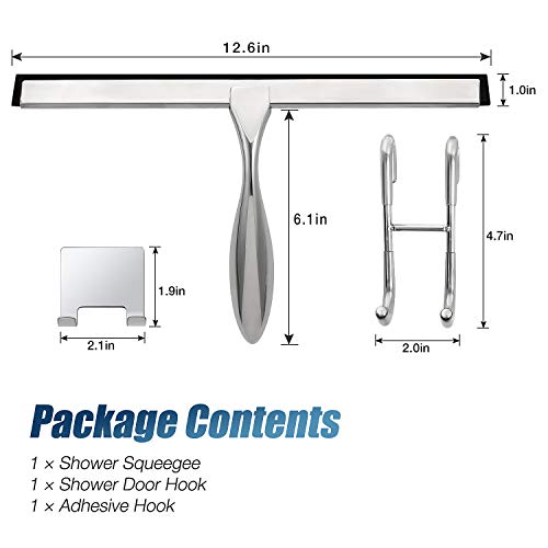 Simtive 12-Inch Shower Squeegee Set, Includes Shower Door Hook and Adhesive Hook, Squeegee for Shower Doors, Mirror and Window, Silver - color: Silver, size: 12-Inch