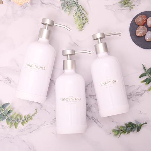 Shampoo and Conditioner Dispenser Set of 3,Refillable 21oz Shampoo Bottles with Non-Slip Protective Silicone Pad,Shower Soap Dispenser with Waterproof Labels for Bathroom (White) - color: White Bottles + Silver Pumps