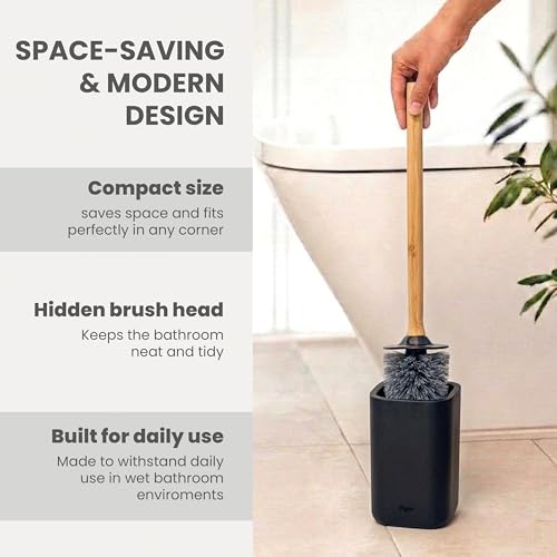 Vigar Zense Toilet Brush and Holder Set - Toilet Bowl Brush and Holder, Polyresin Stone Bathroom Accessory, Compact Toilet Cleaner Brush for Bathroom Decor and Toilet Accessories Set - Cool Black - color: Cool Black