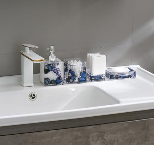 Blue Clear Bathroom Accessories Set,4PCS Flower Acrylic Bathroom Accessory Sets Complete, Lotion Soap Dispenser, Tumbler, Qtip Holder, Soap Dish, Modern Bathroom Décor Set, Gift for Home - color: Blue-4pcs