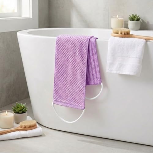 Yiclick Dual-Textured Exfoliating Washcloth Towel - Back Scrubber for Use in Shower Bath, Exfoliating Body Scrubber Exfoliator, Japanese Exfoliate Loofah Lufa Sponge Wash Cloth for Women Men - color: Lavender