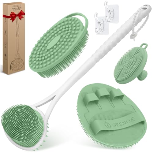 Silicone Back Body Face Scrubbers Set 4PCS, 15.35’’ Back Scrubber Soft Body Scrubber for Dual-Side Usage, Easy-to-Hold Soft Bath Glove & Face Scrubber for Good Foaming Deep Cleaning(Green) - color: Green*4