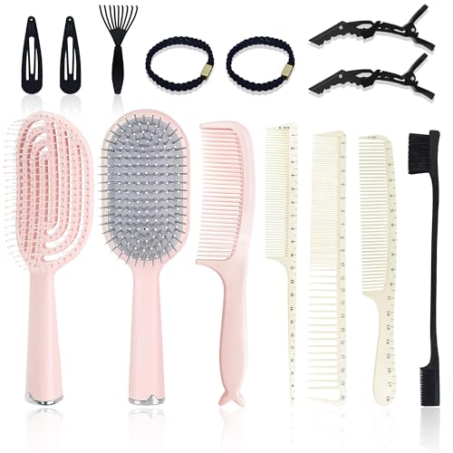 Hair Brush Set, Professional Styling Tools with Combs and Accessories, Pink, Gift Box Included (Pink Brush+White Comb) - color: Pink Brush+White Comb