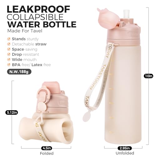 TakeToday Collapsible Water Bottles 21oz (600mL), Foldable Platinum Silicone Travel Water Bottle with Straw & Carry Strap, Leak-Resistant Screw Lid, Wide Mouth, BPA-Free for Hiking, Camping, Travel - color: Desert Sand