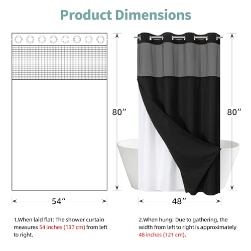 eachope Stall Black No Hook Waffle Weave Shower Curtain with snap-in Liner Replacement, 230GSM Waterproof Fabric Hotel Shower Curtain Set for Bathroom, Through Mesh Top Window,54Wx80H - color: Black, size: 54"W x 80"L (Pack of 1)