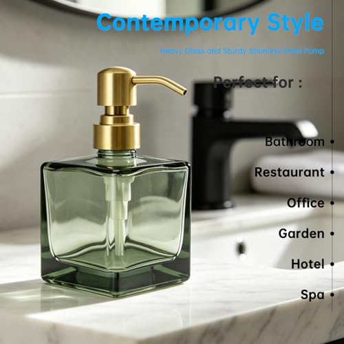 Square Bathroom Soap Dispenser Green Bottle with Brushed Gold Pump, Retangle Cube 8.4 oz Glass Bottles with Stainless Steel Pump Hand Liquid Soap Dispenser Kitchen - color: Green and Brushed Gold Pump, size: 8.4oz-Square
