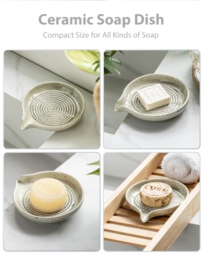 Soap Dish with Self-Draining Design, Ceramic Soap Holder with Drain Spout Soap Tray for Shower, Bathroom and Kitchen Sink, Keep Bar Soap Dry, Speckled Glaze - color: Speckled Glaze, size: Round