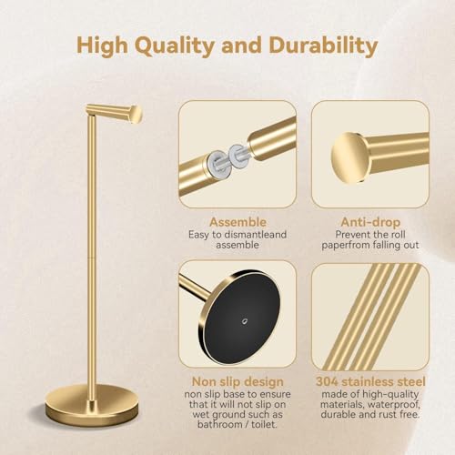 22" Stainless Steel Toilet Paper Holder freestanding,Bathroom Free Standing Toilet Paper Holders,Toilet Paper Holder Stand with Reserve Storage 3-4 Toilet Paper Rolls(Golden)