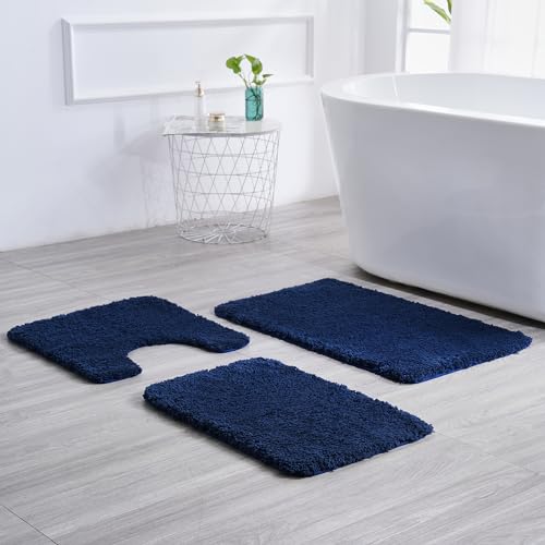 3 Pieces Luxury Bathroom Rug Set with U-Shaped Toilet Rug, Non-Slip Rubber Bottom, Thick Microfiber Fluffy Plush, Water absorption, Quick Dry, Ultra Soft, Bath Mats for Bathroom, Tub(Navy Blue) - color: Navy Blue