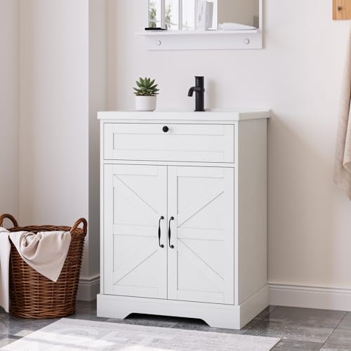 Smart FENDEE 23.62 inch Bathroom Vanity with Ceramic Sink, Farmhouse Bathroom Cabinet with Barn Door & Drawer, Freestanding Floor Storage Cabinet with Sink Combo Set, Soft White - color: White