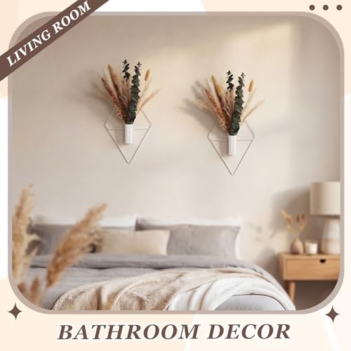 Jexine 4 Pcs Hanging Planters with Artificial Pampas White Metal Hanging Vase Indoor Plants Holder Modern Geometric Boho Bathroom Wall Decor for Living Room Home Office - color: White, size: Pampas