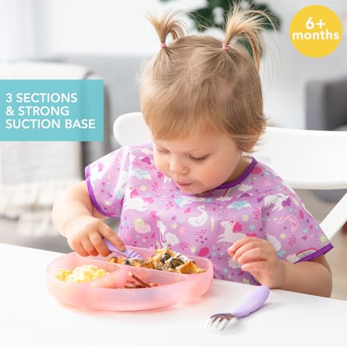 Bumkins Toddler and Baby Suction Plate, Silicone Divided Grip Dish for Babies and Kids, Baby Led Weaning, Children Feeding Supplies, Non Skid Sticky Bottom, Ages 6 Months Up, Pink Jelly - color: B3 Pink Jelly-GD