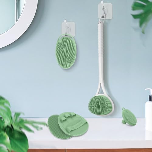Silicone Back Body Face Scrubbers Set 4PCS, 15.35’’ Back Scrubber Soft Body Scrubber for Dual-Side Usage, Easy-to-Hold Soft Bath Glove & Face Scrubber for Good Foaming Deep Cleaning(Green) - color: Green*4