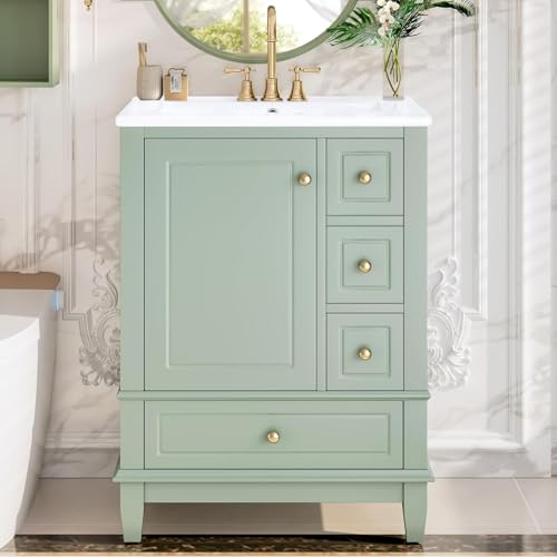 Linique 24" Bathroom Vanity with Sink Combo Set, Solid Wood Frame Bathroom Storage Cabinet with 3 Drawers, Soft Closing Door with Organizer, Light Green - color: Light Green, size: 24"/ Door with Organizer