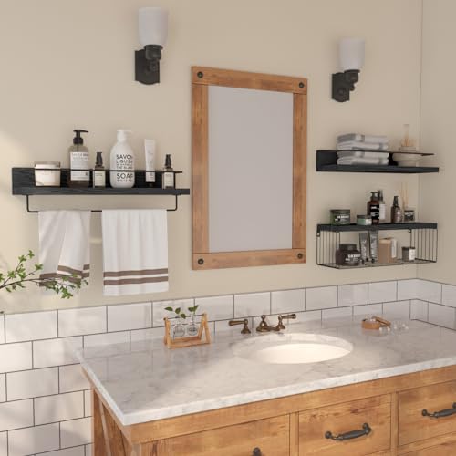 PopiShelves 22.5 inches Bathroom Shelves Over Toilet for Wall, Floating Shelves with Storage Basket Paper Holer for Kitchen Living Room, Bedroom & Classroom, Set of 3 (Black) - color: Black, size: 22.5"