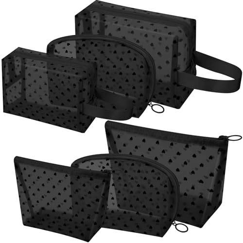 6 Pieces Zipper Mesh Makeup Bags Set, Nylon Cosmetic Bags Portable Clear Toiletry Bas Travel Organizer Bags for Office Travelling Organization (Black Heart Printed, Assorted Size) - color: Black Heart Printed