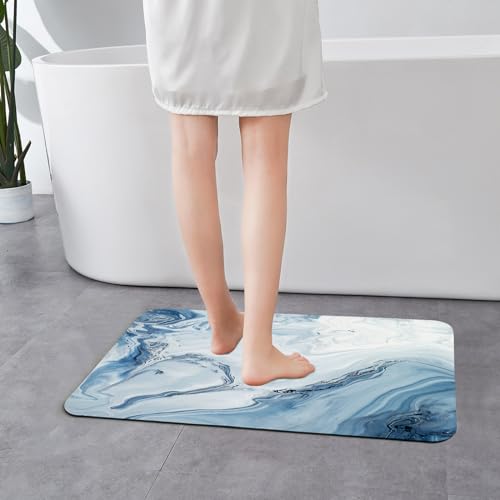 MitoVilla Blue Marble Bathroom Rug Mat, 17" x 24", Non Slip, Absorbent, Diatom Mud, Modern, Machine Made, Low Pile, 3.5mm Thick, Bath Mat - color: Marble04 - Blue, size: 17" x 24"
