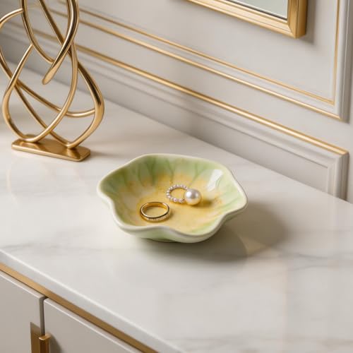 Ceramic Lotus Leaf Trinket Dish, Ring Holder for Jewelry | Keeps earrings, necklaces, keys, and keepsakes handy on vanities or nightstands, a sweet gift for moms, sisters, and friends - color: Sesame Gold