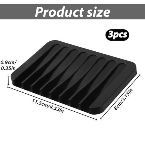 Silicone Soap Dishes Self Draining, 3 Pcs Soap Holder for Shower Bathroom Kitchen Sponges, Keep Dry Clean(Black)
