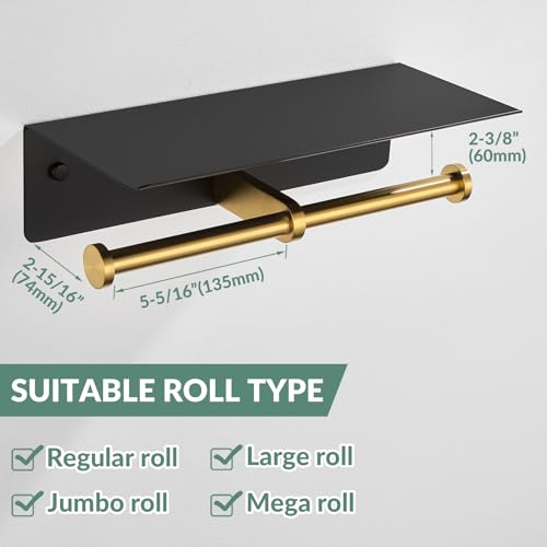 APLusee Double Toilet Paper Holder with Phone Shelf Black & Gold, 304 Stainless Steel Tissue Paper Roll Storage Dispenser, Wall Mounted - color: Black Gold, size: Double Rod