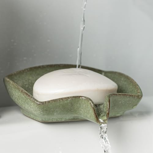 Self Draining Soap Dish, Ceramic Drain Soap Holder Waterfall Design Soap Saver for Shower, Bathroom, Sink, Kitchen and Countertop, Keeps Dry, Green - color: Green, size: Rectangular