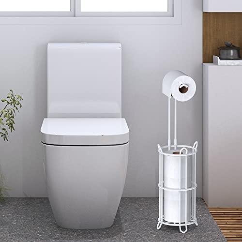 Meangood Toilet Paper Holder Stand and Tissue Paper Roll Dispenser for 4 Mega Rolls, Bathroom Free Standing Tissue Roll Storage Holder Rack, Metal Wire (White) - color: White