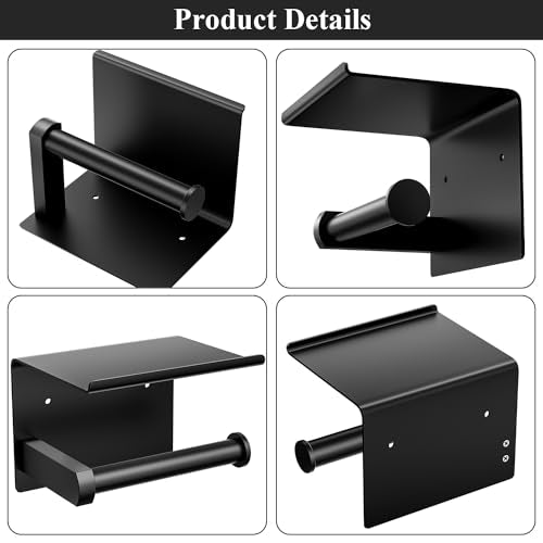 Tindbea Toilet Paper Holder Wall Mount + Towel Robe Hooks, Adhesive or Screw Wall Mounted Toilet Paper Roll Holder with Shelf, Stainless Steel Bathroom Organizers and Storage Kit (Matte Black) - color: Matte Black, size: Regular