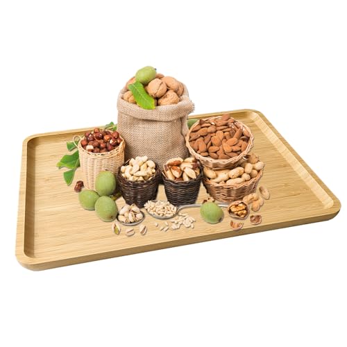 Bamboo Serving Tray Rectangle Platter, Large 1, 15.7" x 12.8" x 0.8" | Durable, Breakfast Dinner Food Bed Tray, For Eating, Kitchen Restaurants Patty,Display - size: 15.7" x 12.8" x 0.8"