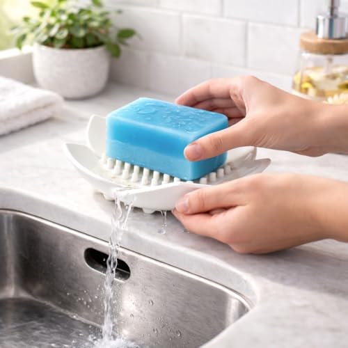 Silicone Soap Dish with Drainage, Flower Shape Soap Holder for Shower & Sink, Non-Slip Soap Saver Tray for Bathroom & Kitchen, Quick Dry Design, 2 Pack