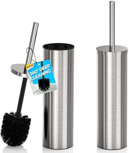 DOWRY Stainless Steel Toilet Bowl Brush and Holder for Bathroom, Deep Cleaning Toilet Brush and Holder Set with Long Handle, Hidden Toilet Bowl Brush with 2 Heads,Modern Decor Nickel Round 2PCS - color: Nickel-round-2p, size: Round