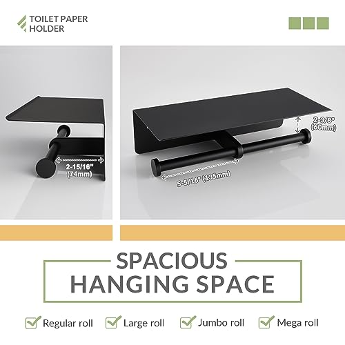 Toilet Paper Holder with Phone Shelf, APLusee SUS 304 Stainless Steel Bathroom Tissue Holder, Double Roll Paper Dispenser Wall Mounted, Matte Black - color: Matte Black, size: Double Rod