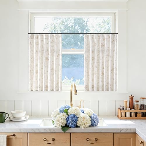 Short Tan Floral Linen Cafe Curtains 36 Inches Long for Bathroom French Country Light Filtering Peony Flower Printed Curtain Semi Sheer Back Tab Decorative Drape for Laundry Camper RV 2 Panels Set - color: Coffee, size: 40"W x 36"L (Pack of 2)