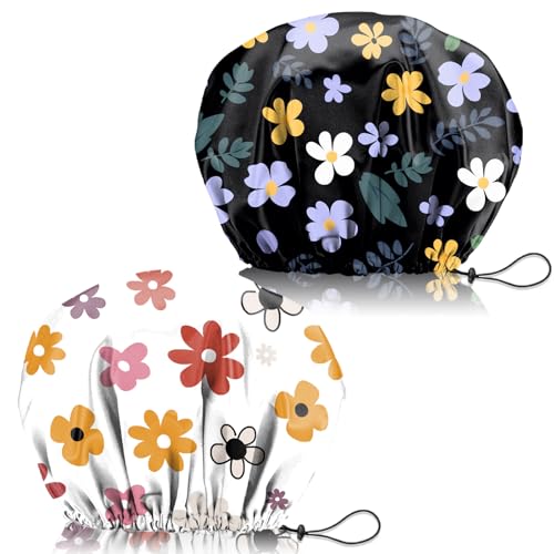 2 PCS Shower Cap Adjustable Reusable Double Waterproof Layer Elastic Hair Bath Cap Cute Aesthetic for Women Girls-Flowers 2 - color: I26-Flowers 2