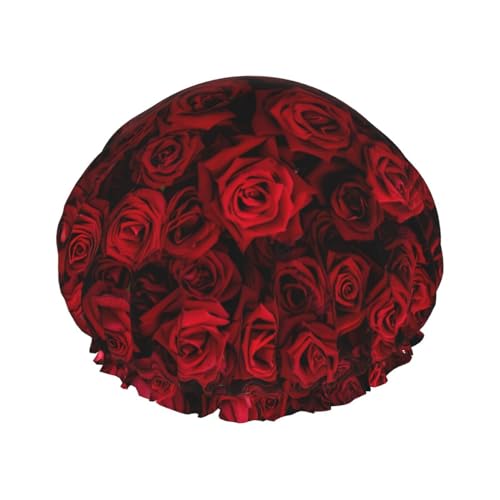 Red Rose Flowers Shower Cap For Women Reusable Waterproof Double Layers Bath Cap Hair Protection Elastic Ladies Spa Salon Shower Hat - color: Red Rose Flowers