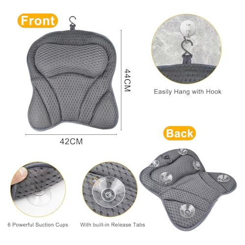 1Pack Machine Washable 4D Mesh Bath Pillow - Soft Tub Neck & Back Support with Suction Cups, White Bathtub Spa Accessory - color: Black