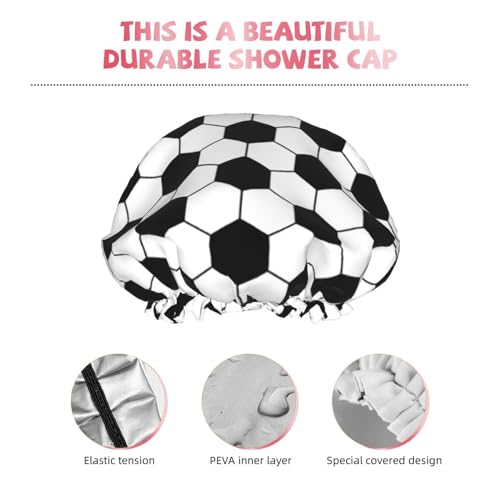 Sport Football Pattern Shower Cap For Women Reusable Waterproof Double Layers Bath Cap Hair Protection Elastic Ladies Spa Salon Shower Hat - color: Football Pattern