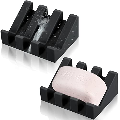 Cunhill 2 Pieces Silicone Soap Dish Self Draining Soap Dish Shower Waterfall Bar Soap Holder Tray with Drain Soap Saver for Kitchen Bathroom Accessories (Black) - color: Black
