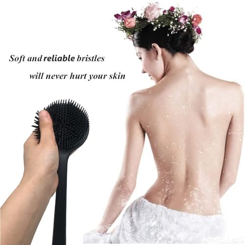 Long Handle Silicone Body Scrubber for Shower, Dual-Sided Back Scrubber Brush with Soft Bristles&Massage Nodes, Exfoliating Bath Brush for Hard to Reach Areas, Easy to Clean & Quick Dry, for Daily Use - color: Black