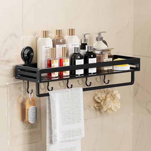 Suction Cup Shower Caddy, 15.7 inch Extended Version, with 5 Hooks & Towel Rrack, No Drilling Required, Rust-Resistant Bathroom Shower Organizer, Black - size: 15.7 inches(US)