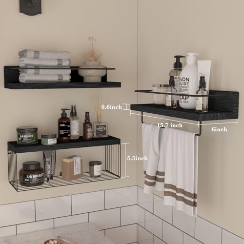 PopiShelves Bathroom Shelves Over Toilet for Wall, Floating Shelves with Storage Basket Paper Holer for Kitchen Living Room, Bedroom & Classroom, Set of 3 (Black) - color: Black, size: 15.7"