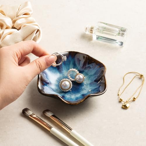 Ceramic Lotus Leaf Trinket Dish, Ring Holder for Jewelry | Keeps earrings, necklaces, keys, and keepsakes handy on vanities or nightstands, a sweet gift for moms, sisters, and friends - color: blue