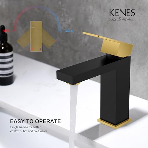 KENES Single Handle Bathroom Sink Faucet, Black and Gold Bathroom Faucets Single Hole, Vanity Faucet with Pop Up Drain and Supply Lines, Matte Black/Brushed Gold LJ-9031-BG - color: Black & Gold, size: Short