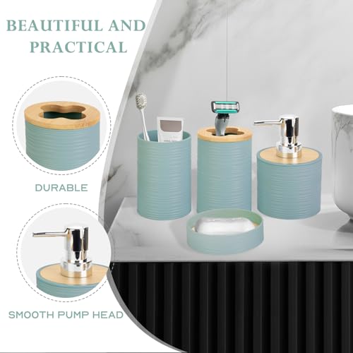 4 Pieces Bamboo Bathroom Accessories Set, Bathroom Accessory Set with Soap Dispenser and Toothbrush Holder, Soap Dish and Toothbrush Cup, Boho Bathroom Decor(Aqua) - color: Aqua